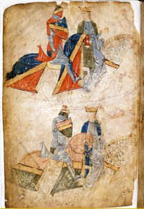 Lancelot du Lac avec la reine Guenièvre. Manuscrit de Rusticano da Pisa. du XIIIe siècle. Venise Biblioteca Marciana