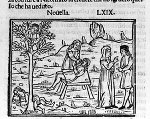 Lidia, une femme adultère, est surprise par son mari dans les bras de Pirro. Illustration pour la nouvelle 69 (Nouvelle 9 du septième jour) du "Décaméron" de Giovanni Boccaccio (1313-1375), écrivain italien. Gravure dans "Decamerone ouer Cento novelle" Ven