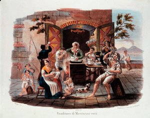 Petit métier napolitain : un vendeur de maccheroni cuits. Au loin le Vésuve sur la baie de Naples. Lithographie du 19ème siècle - Italian School