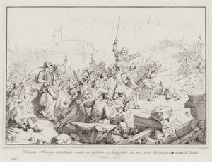 Luigi Leonardo Mocenigo, bien que vieux et malade, se fait porter par les siens pour défendre (gravure)