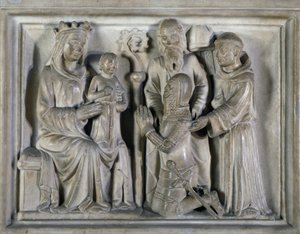 Madone et Enfant, avec un guerrier et des saints, relief créé par Les Maîtres de Campione. Italie - Italian School