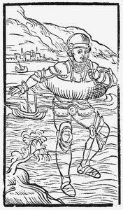 Homme avec une bouée de sauvetage, illustration de Historia de Gentibus Septentrionalibus par Olaus Magnus (1490-1558), publié à Rome, 1555 - Italian School