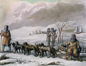 Hommes de Kamtchatka, avec un traîneau à chiens, de Costumi dei... par Giulio Ferrario, vers 1820-30
