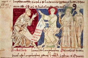 Miniature du Chronicon Vulturnense, codex enluminé composé par le moine Iohannes, vers 1130, Italie