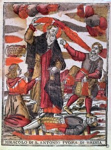 Miracle de Saint Antoine le Grand guérissant un homme empoisonné (gravure sur bois en couleur)