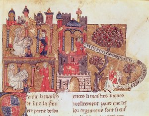 Ms 269 Fol.108 Aristote (384-322 av. J.-C.) instruit Alexandre le Grand (356-323 av. J.-C.) en morale et en mépris des femmes, du Livre du Trésor par Brunetto Latini (1220-94)