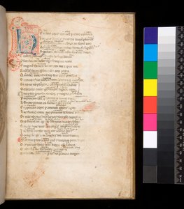 Ms 315. Horace, Ars Poetica et Epistulae, f.1r. Initiale décorée [N] en remplissage damassé bleu et rouge et travail de plume environnant en rouge - Italian School