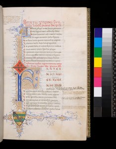 Ms 329. Statius, Thebaid, f.19r. Initiale illuminée [F] en bleu avec décoration réservée pour l