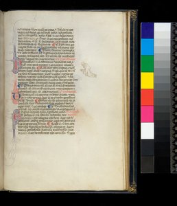 Ms 373. Pseudo-Cicéron, Rhetorica ad Herennium, et autres œuvres, f.50r. Initiales ornées de plumes et décoration à la plume dans la marge représentant un moine pieds nus agenouillé, vers 1337 - Italian School