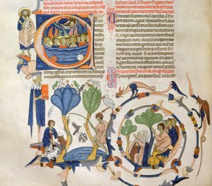 Ms 766 Le Christ parlant aux anges et scènes de la vie quotidienne médiévale (agriculture, pêche et prière, miniatures du Liber Quatuor Sententiarum (Livre des Sentences) par Petrus Lombardus