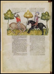 Ms Fr 343 fol.26v Le cheval de Sir Percival est tué, de la Queste del Saint Graal, c.1380-85 - Italian School