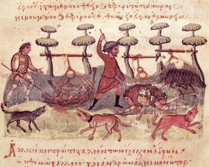 Chasse avec des filets, illustration de la Cynegetica par Oppien