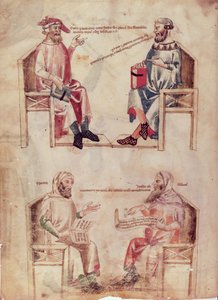 Ms Lat 6823 fol.1v Hippocrate (c.460-c.377 av. J.-C.) et Hunayn ibn Ishaq (808-873) et Hippocrate et Claudius Galenus (c.131-c.201) de De Herbis par Manfredus de Monte Imperiali, vers 1330-40