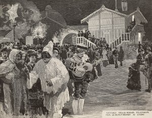 Kiosque musical pour collecter des fonds pour les aveugles, masque de Pulcinella, Carnaval à Naples, Italie, gravure d