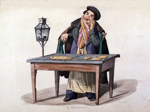 Naples, vendeur de pizza. Gravure d