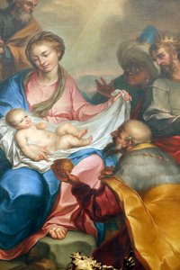 Scène de la Nativité. Adoration des mages. Fresque. Basilique Santa Maria delle Vigne. Gênes. Italie. - Italian School