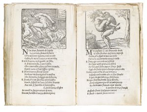 Page de "Sonetti Lussuriosi" de Pietro Aretino, illustrée par Giulio Romano et gravée par Marcantonio Raimondi, publiée à Venise, vers 1527