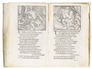 Page de "Sonetti Lussuriosi" de Pietro Aretino, illustrée par Giulio Romano et gravée par Marcantonio Raimondi, publiée à Venise, c.1527