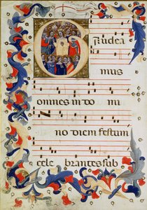 Page de notation musicale avec une initiale historiée G représentant un groupe de saints avec Sainte Ursule au milieu, École de Bologne