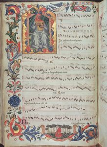Page de notation musicale avec initiale historiée, du Codex Squarcialupi, produit au monastère florentin de S. Maria degli Angeli