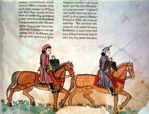 Pal Lat 1071 Frédéric II : Deux cavaliers avec des faucons, de De Arte Venandi cum Avibus - Italian School