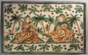 Assiette avec musiciens dans une palmeraie, décor inspiré de la période de Frédéric II, céramique décorative, 30 cm, manufacture Alessi, Caltagirone, Sicile, Italie, 20e siècle - Italian School