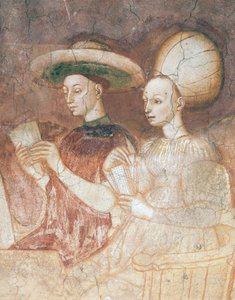 Jouer avec des cartes de tarot, scène du cycle des Jeux, vers 1445-1450, fresque, Palazzo Borromeo, Milan, Lombardie (détail) - Italian School