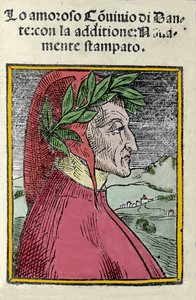 Portrait du poète italien Dante Alighieri (1265-1321). Gravure. Frontispice de « Il convivio » de 1554 - Italian School
