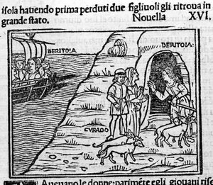Reet de Beritola. Illustration pour la nouvelle 16 (Nouvelle 6 du deuxième jour) du "Décaméron" de Giovanni Boccaccio dit Jean Boccaccio (1313-1375), écrivain italien. Gravure dans "Decamerone ouer Cento novelle" Venise, Bartolomeo de 