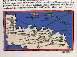 Représentation des îles des Caraïbes et des côtes du Venezuela. Isolario (carte des îles) par Benedetto Bordone. Venise 1547 - Italian School