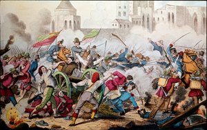 Risorgimento : Les combats de Palerme le 26 mai 1860. Expédition des Mille (chemises rouges). Giuseppe Garibaldi (1807-1882) entre Palerme et le peuple en révolte se joignant à lui pour combattre les soldats du royaume bourbonien de Naples. Gravure du XIXe