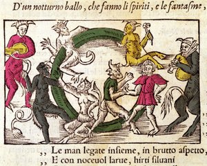 Cérémonie du sabbat avec des sorcières. Gravure par Olaus Magnus (1490 - 1557), religieux et géographe suédois, « Historia de Gentis Septentrionalibus », Venise - Italian School