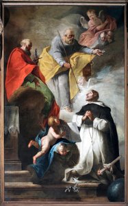 Saint Dominique recevant le bâton de pèlerin et le livre où est inscrit « Vade et prêche » des mains des saints Pierre et Paul - Italian School