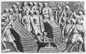 Soldats, peut-être construisant un ponton ou une machine de siège, peut-être de la Colonne Trajane, des Coutumes des Romains, vers 1800-10 (eau-forte et aquatinte)