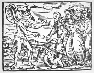 Sorcier présentant un enfant au diable, du Compendium Maleticarum par Fr M Guaccius (1608) illustré dans une histoire de la magie publiée à la fin du 19e siècle - Italian School