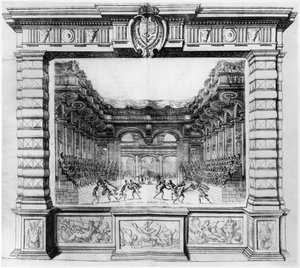 Décor de scène par Giacomo Torelli (1608-78) pour la Finta Pazza joué en 1645 au Théâtre Petit Bourbon à Paris, 1654
