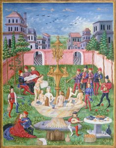 La Fontaine de Vie : chanteurs et musiciens dans un jardin, miniature de De Sphaera, par Leonardo Dati - Italian School