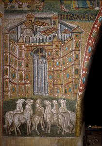 La Porte de Jérusalem avec des agneaux symbolisant les Apôtres (mosaïque)