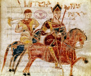 Le roi des Francs et ensuite Lothaire Ier (9e siècle) Miniature du « Codex Legum Longobardorum » décrivant les lois du royaume lombard établi par le roi Rothari - Italian School