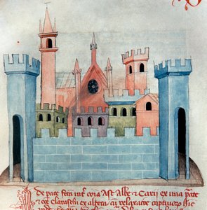 La ville de Cherasco (Querasque) dans la province de Coni en Piémont en Italie. Église et muraille et tour de fortification de la ville médiévale. Page du Codex Astensis ou Malabayla. Miniature du 13ème siècle. Asti, Archivio Storico Comunale