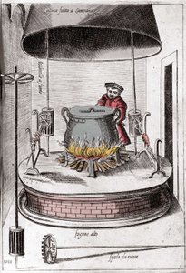 La cuisine sous une cloche. Gravure de « Opera », livre de gastronomie divisé en 6 parties, par Bartolomeo Scappi, cuisinier personnel du pape Pie V. Venise - Italian School