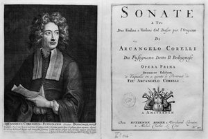 Page de titre de Sonate a Tre avec un portrait d