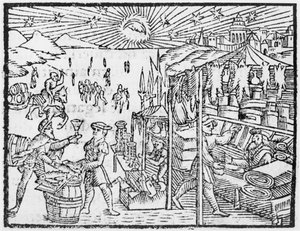 Commerce en Scandinavie, illustration de Historia de Gentibus Septentrionalibus par Olaus Magnus (1490-1558), publié à Rome, 1555 - Italian School