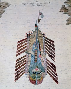 Trirème (navire à trois rangs de rames), tiré du traité sur la milice maritime, par Cristoforo Canal, Italie