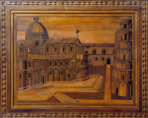 Vue de la cathédrale de Pise (Duomo di Santa Maria Assunta di Pisa) et de la tour penchée (Torre pendente) sur la place des Miracles (Piazza dei Miracoli) Marqueterie du 15ème siècle. Conservée dans le presbytère de la cathédrale, Pise - Italian School