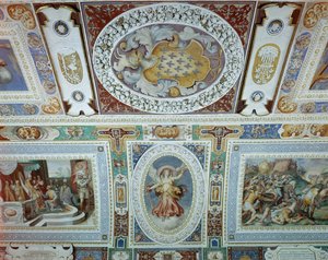 Vue de la Sala dei Fasti Farnese (Salle des Splendeurs des Farnese) conçue par Onofrio Panvinio et fresquée par Taddeo (1529-66) et Federico Zuccaro (1540-1609) 1557-83 (détail)