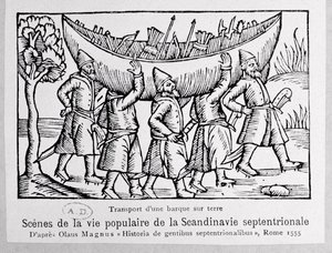 Les Vikings transportant un bateau en Russie, illustration de Historia de Gentibus Septentrionalibus par Olaus Magnus (1490-1558), publié à Rome, 1555
