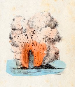 Volcan des îles Éoliennes en éruption, avec une haute gerbe de lave accompagnée dans l