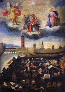 Bannière votive représentant la peste à Trente en 1636 - Italian School