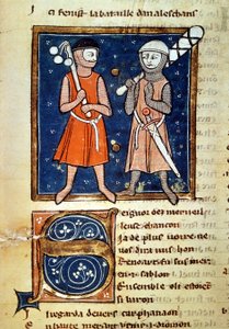 Guerriers armés de massues - dans Le moinage de Guillaume, manuscrit du 13ème siècle. Biblioteca Trivulziana. Milan